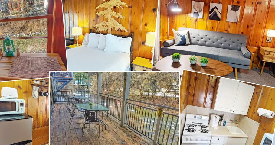 A collage of photos of a wooden cabin with a bed , couch , table , and kitchen.