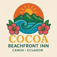 Cocoa Beachfront Inn logo with sun, waves, mountains, and hibiscus flowers; Canoa, Ecuador