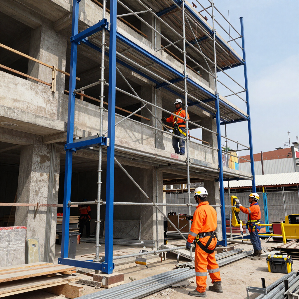 Obreros de la construcción con trajes de seguridad naranjas en andamios alrededor de una obra de construcción de hormigón.