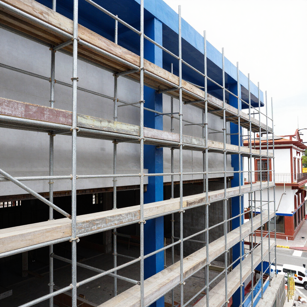 Andamios en un edificio en construcción, con redes de seguridad y pasarelas de color azul y gris.