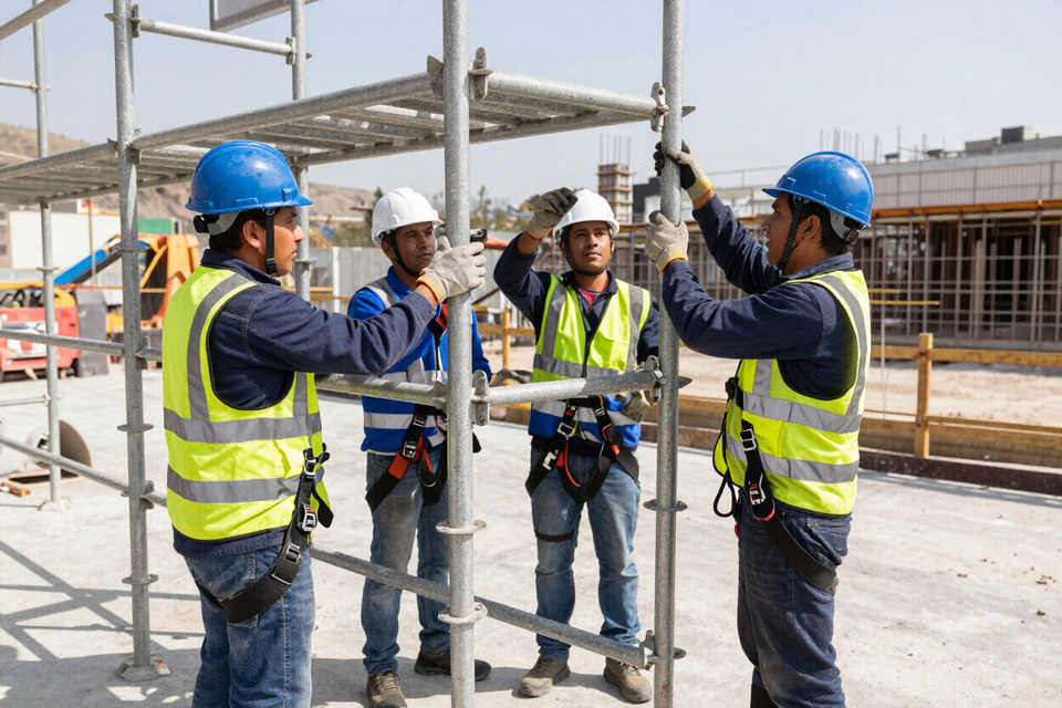 Obreros de la construcción con cascos y chalecos de seguridad ensamblando andamios metálicos en una obra.