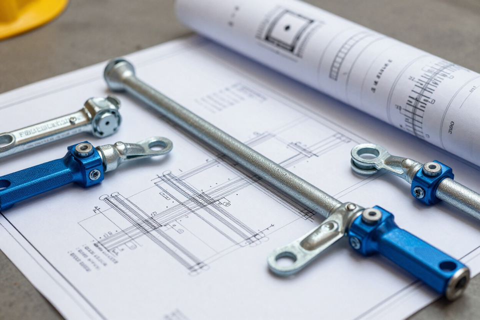 Herramientas de dibujo y conectores de metal azul en planos técnicos con planos enrollados sobre un escritorio.