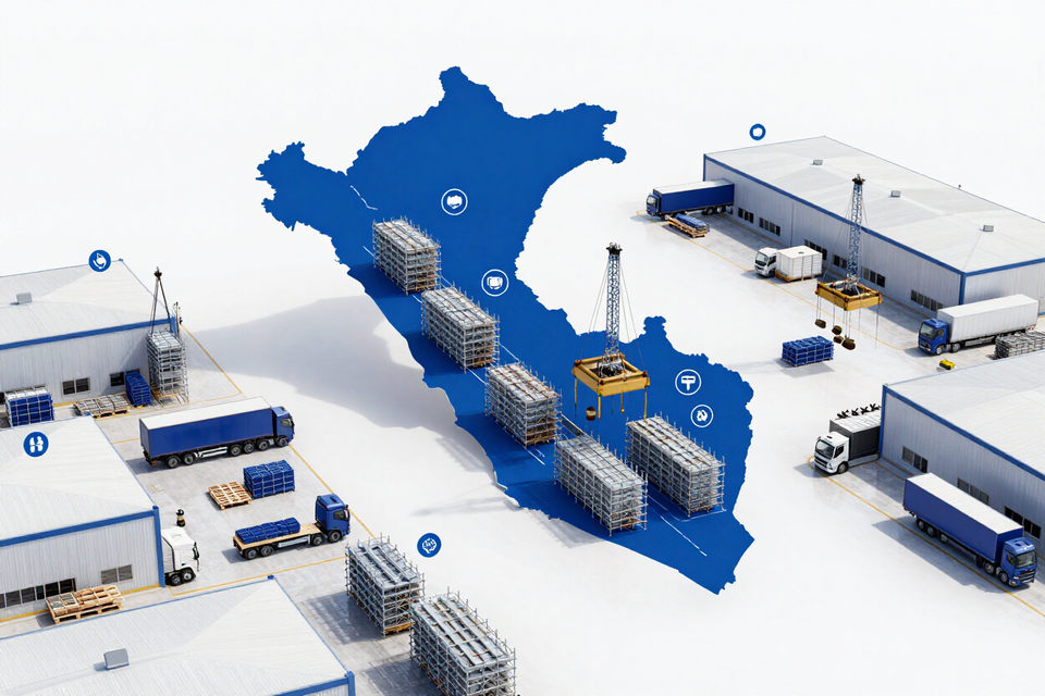 Mapa azul de Italia rodeado de almacenes, camiones y carga apilada en un patio logístico.