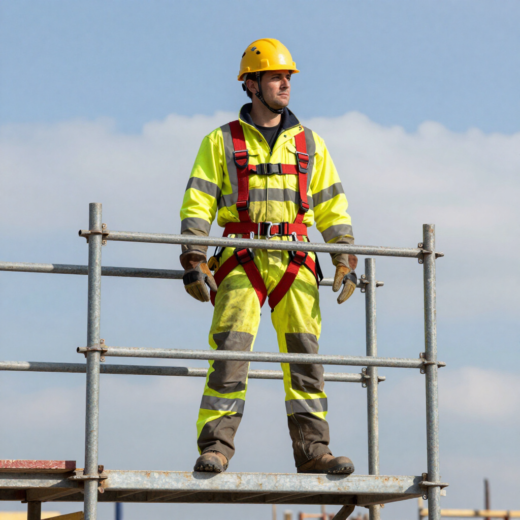 Obrero de la construcción con traje de seguridad amarillo de pie sobre un andamio contra un cielo azul.