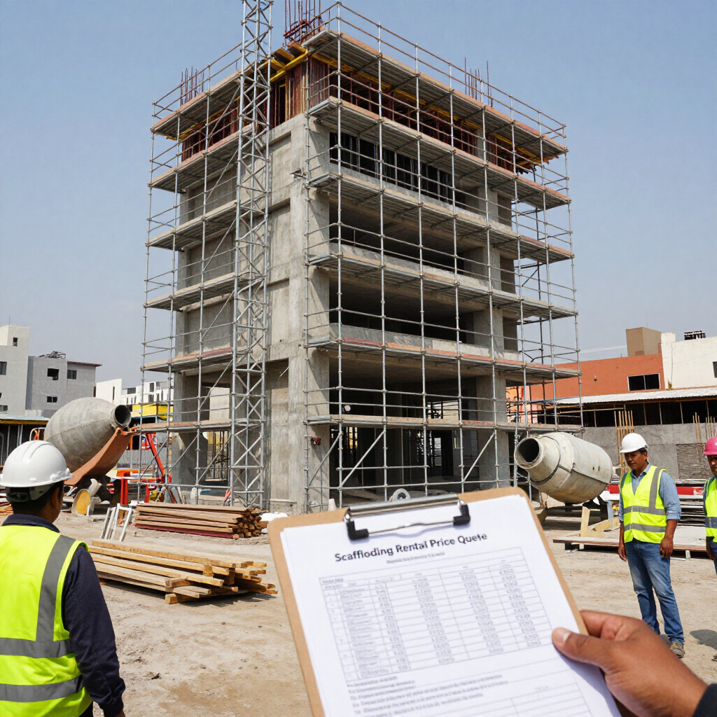 Obreros de la construcción inspeccionan un edificio con andamios usando un portapapeles en una obra soleada.