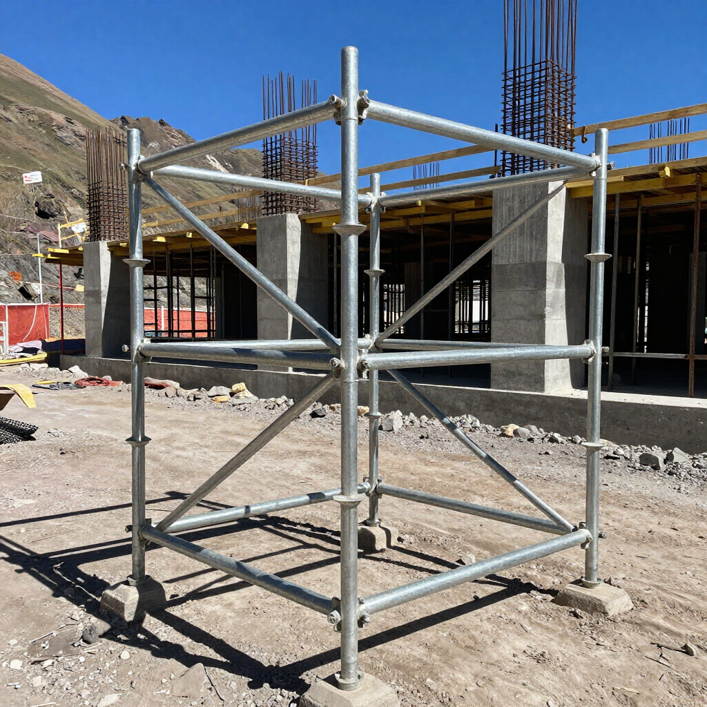 Estructura metálica de andamio en una obra de construcción con columnas de hormigón y escombros en el suelo.