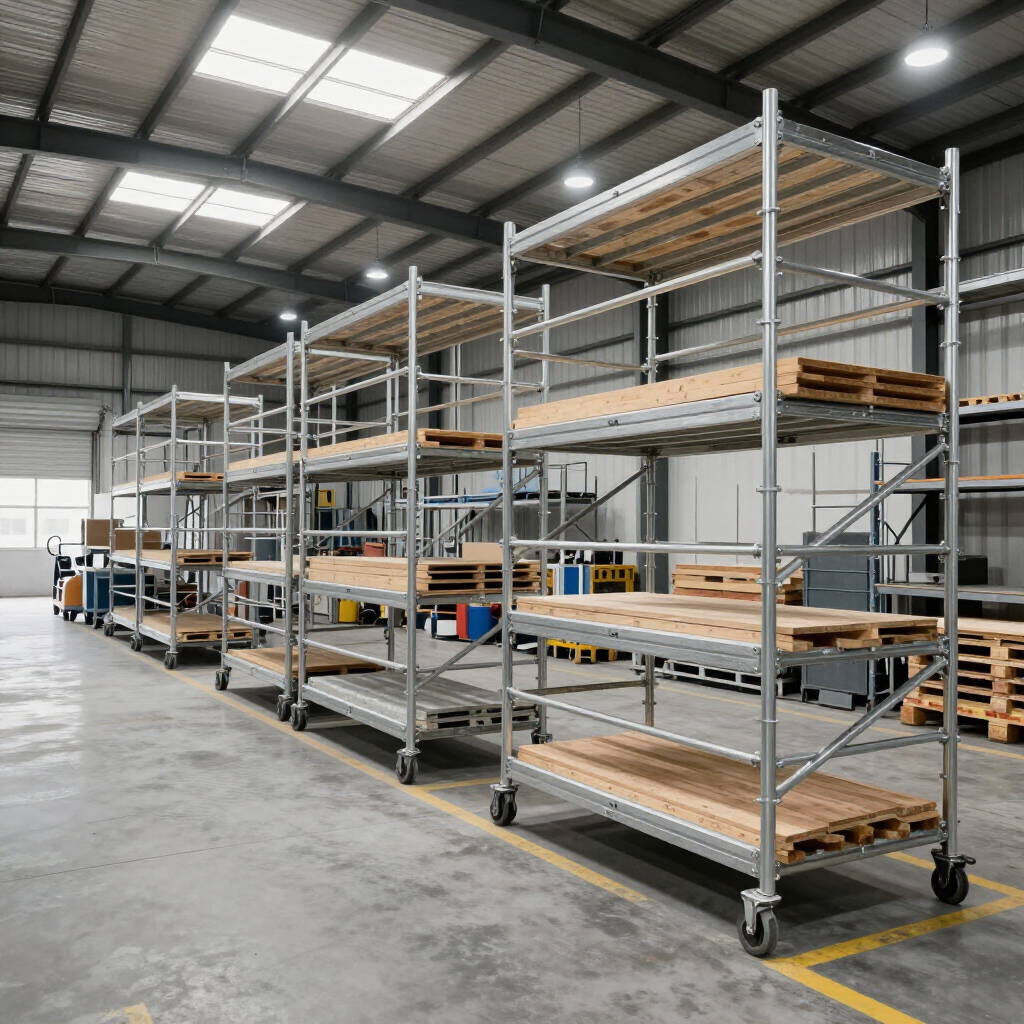 Almacén industrial vacío con filas de estanterías metálicas y palés de madera sobre ruedas.
