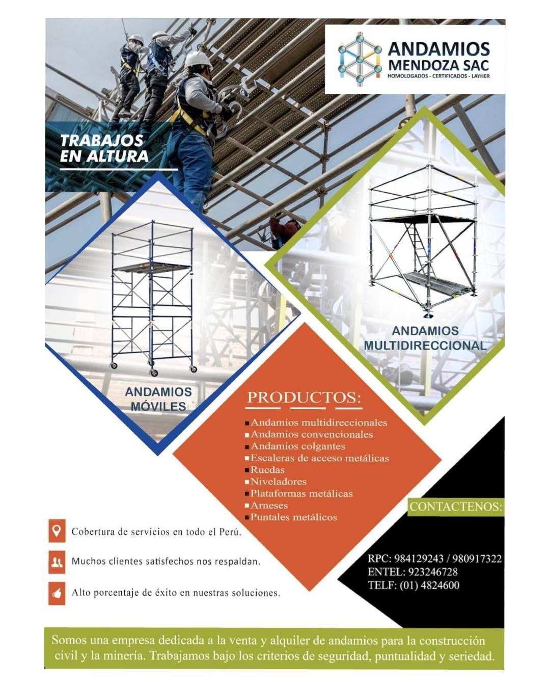 Cartel promocional de Andamios Mendoza SAC con imágenes de andamios.