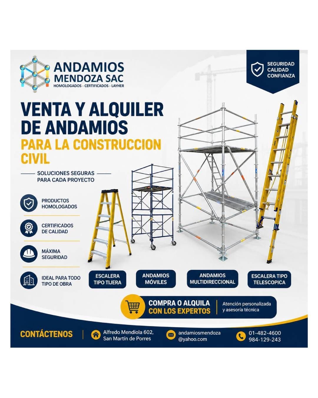 Anuncio de Andamios Mendoza: andamios y escaleras para construcción civil, diseño blanco y azul.