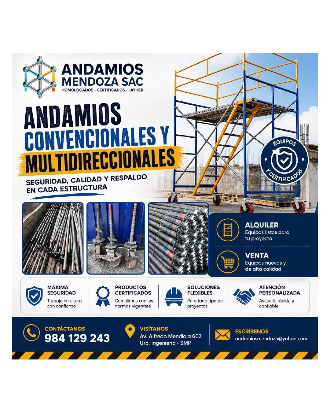 Folleto promocional de Andamios Mendoza SAC con foto de andamios azules y blancos e información sobre sus servicios.