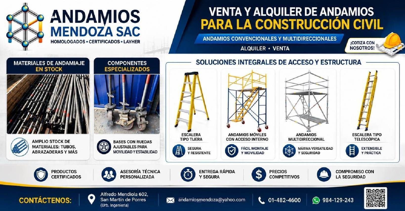 Banner publicitario de andamios Mendoza SAC con opciones de venta y alquiler para construcción civil.