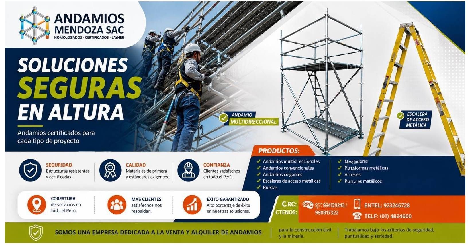 Banner publicitario azul y naranja de Andamios Mendoza SA: “Soluciones seguras en altura” con torres y escaleras metálicas.