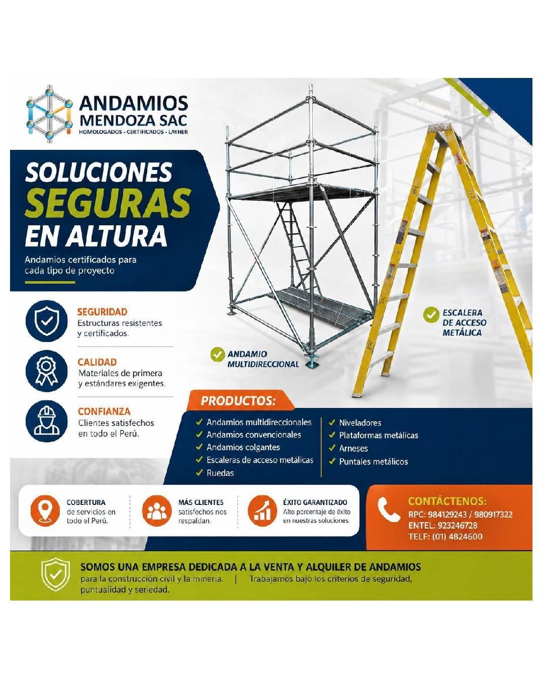 Cartel de Andamios Mendoza SA sobre soluciones seguras en altura, con andamio y escalera amarilla.