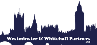 A logo for Westminster & Whitehall Partners Ltd with a blue UK Parliament House of Commons skyline
