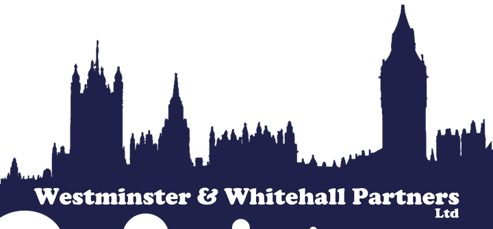 A logo for Westminster & Whitehall Partners Ltd with a blue UK Parliament House of Commons skyline