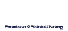A logo for Westminster & Whitehall Partners Ltd with a white UK Parliament House of Commons skyline