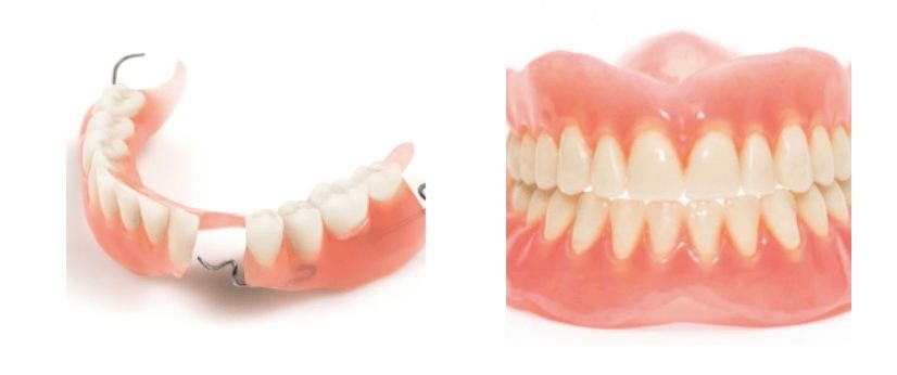 Two sets of dentures, one set in an open arrangement and another closed in a mouth-like shape.