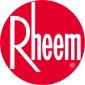 Rheem logo: White text on a red circle, with a vertical line through the "h".