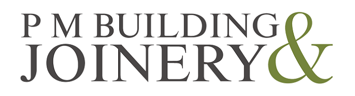 PM Building Joinery logo in black and olive green text with an ampersand