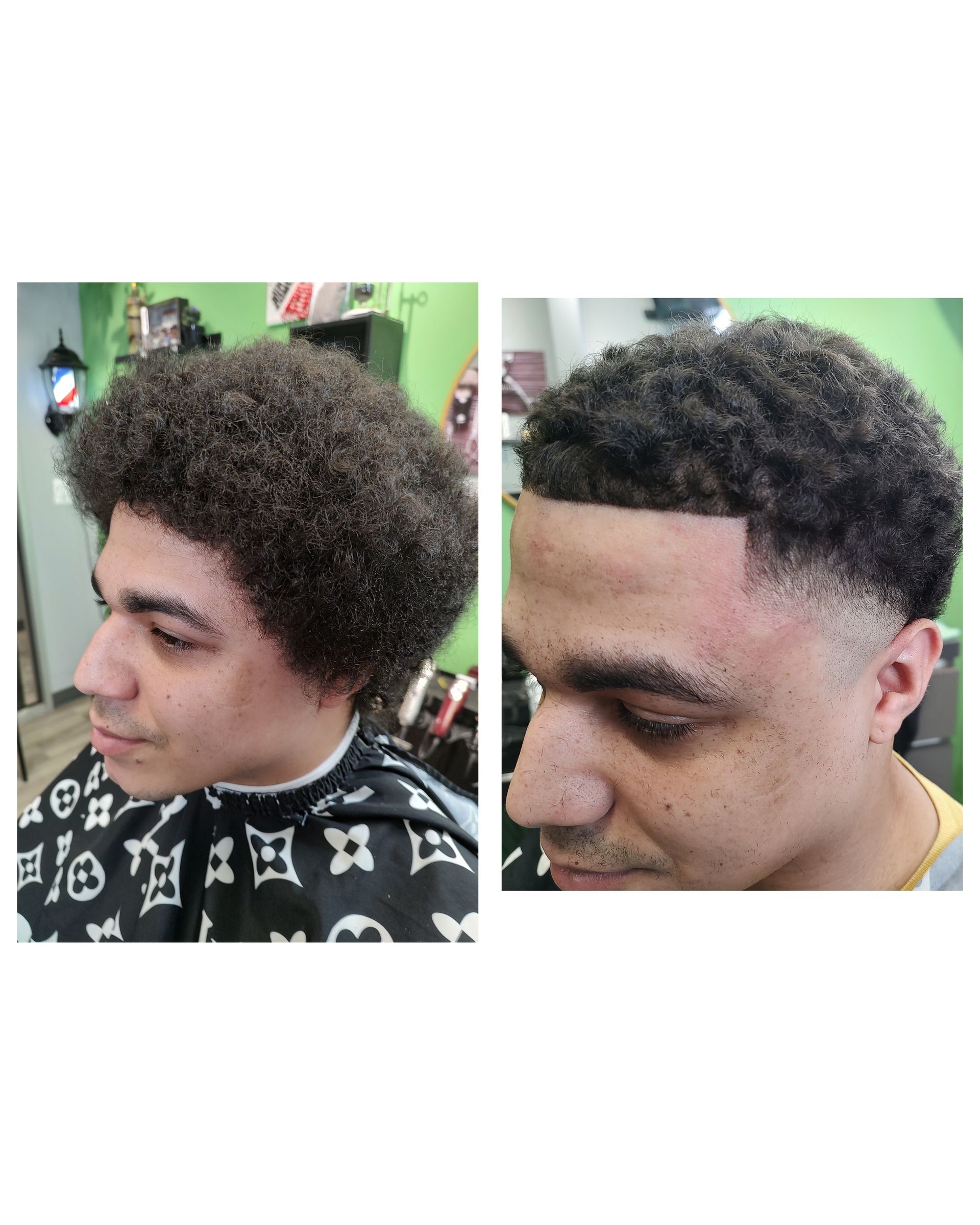 A before and after picture of a man getting his hair cut at a barber shop.