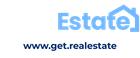 Blue real estate logo with house roof icon and text “Estate” above “www.get.realestate”