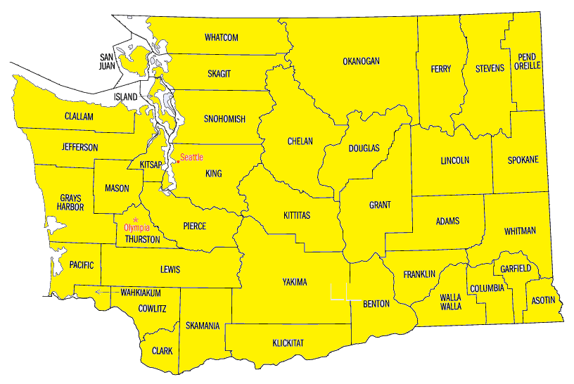 Yellow map of Washington state divided into labeled counties with black borders