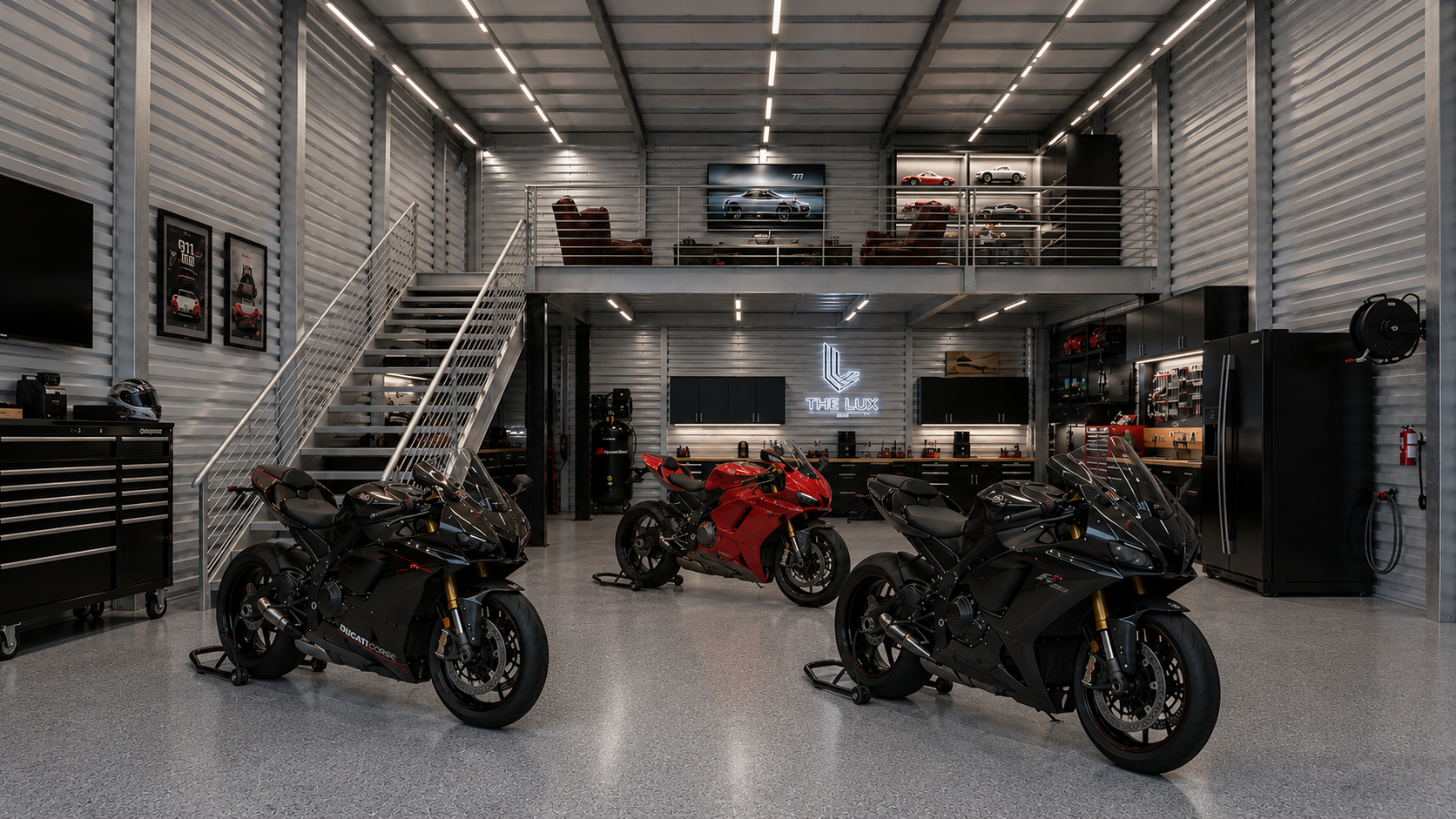 Finished garage suite at The Lux with a mezzanine lounge, staircase and motorcycles on a polished floor