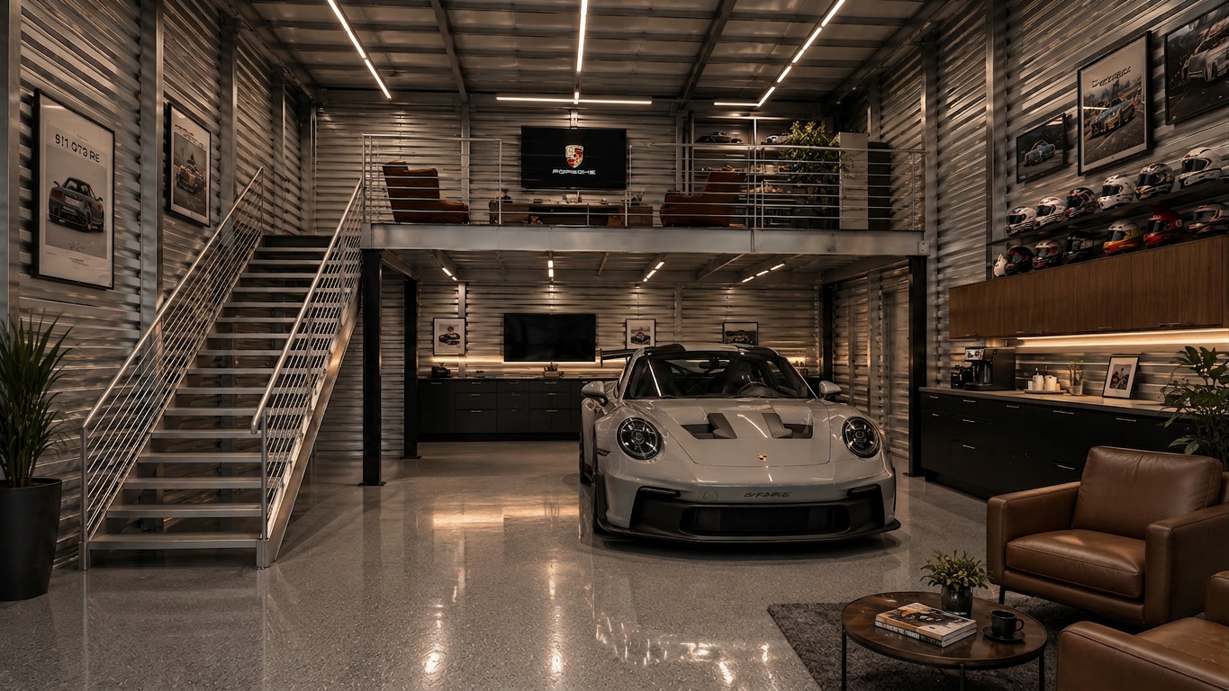 Rendering of a finished garage suite with a silver Porsche 911 GT3 RS, a mezzanine lounge, leather chairs and helmets on the wall