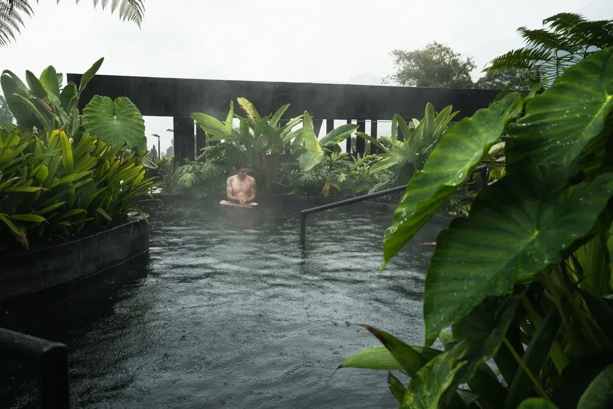 Piscina de aguas termales rodeada de vegetación tropical en Termales El Otoño, Manizales