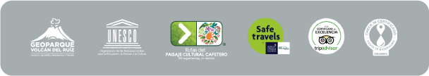 Logos de Rutas del Paisaje Cultural Cafetero y Safe Travels en Termales El Otoño.