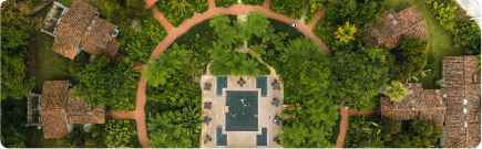 Aerial view of the pool and gardens at a hot springs hotel in Manizales, Colombia.