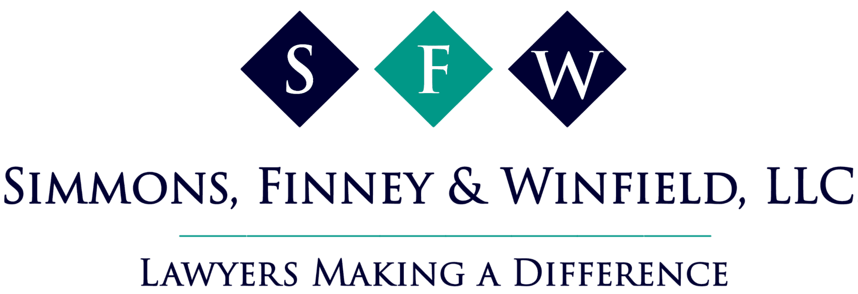 Simmons, Finney & Winfield, LLC logo with navy and teal diamonds above the tagline “Lawyers Making a Difference”