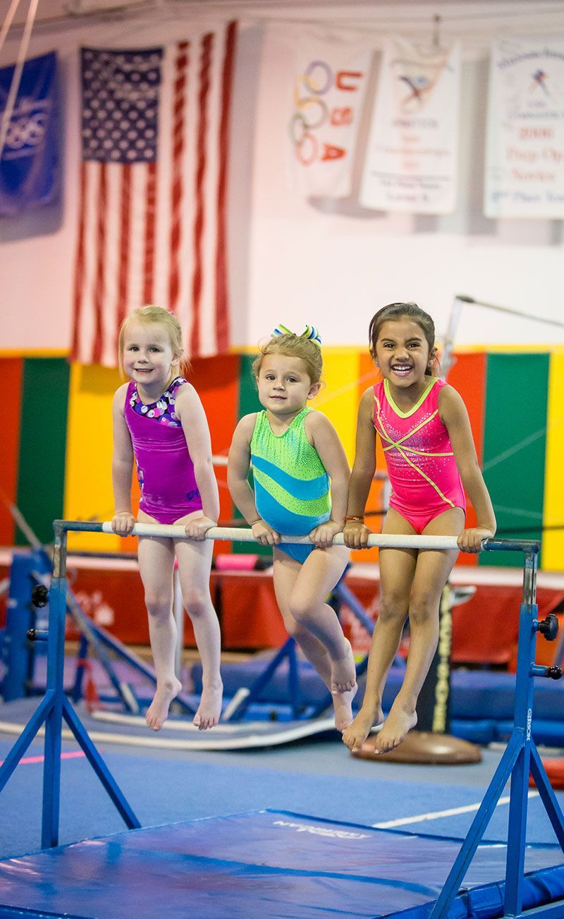 Three gymnasts in colorful leotards stand on balance beams in an indoor gym.