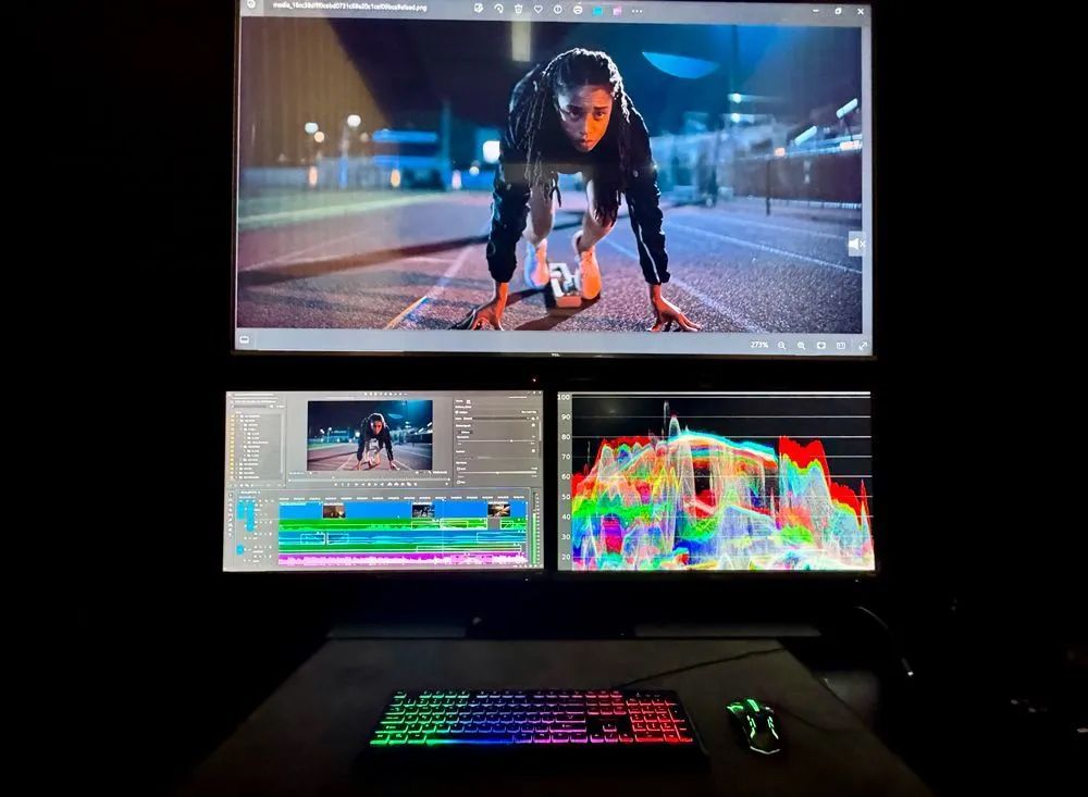 A computer monitor shows a woman getting ready to run on a track