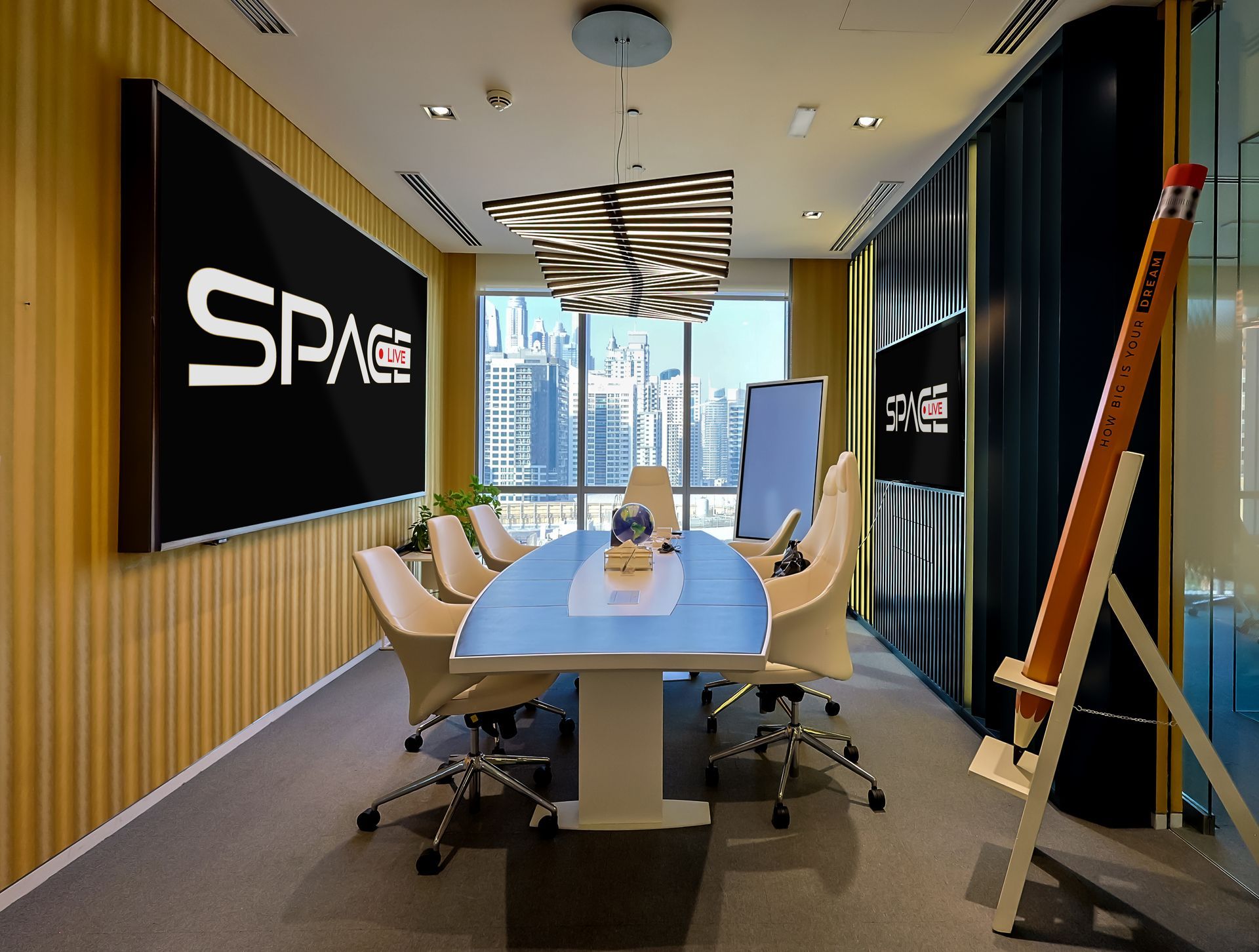 A conference room with a large sign that says space