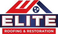 ELITE Roofing & Restoration logo in red, white, and blue with stylized roof graphic