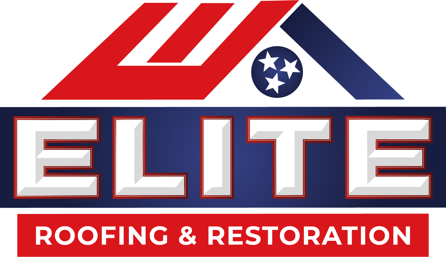 ELITE Roofing & Restoration logo in red, white, and blue with stylized roof graphic