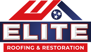 ELITE Roofing & Restoration logo in red, white, and blue with stylized roof graphic