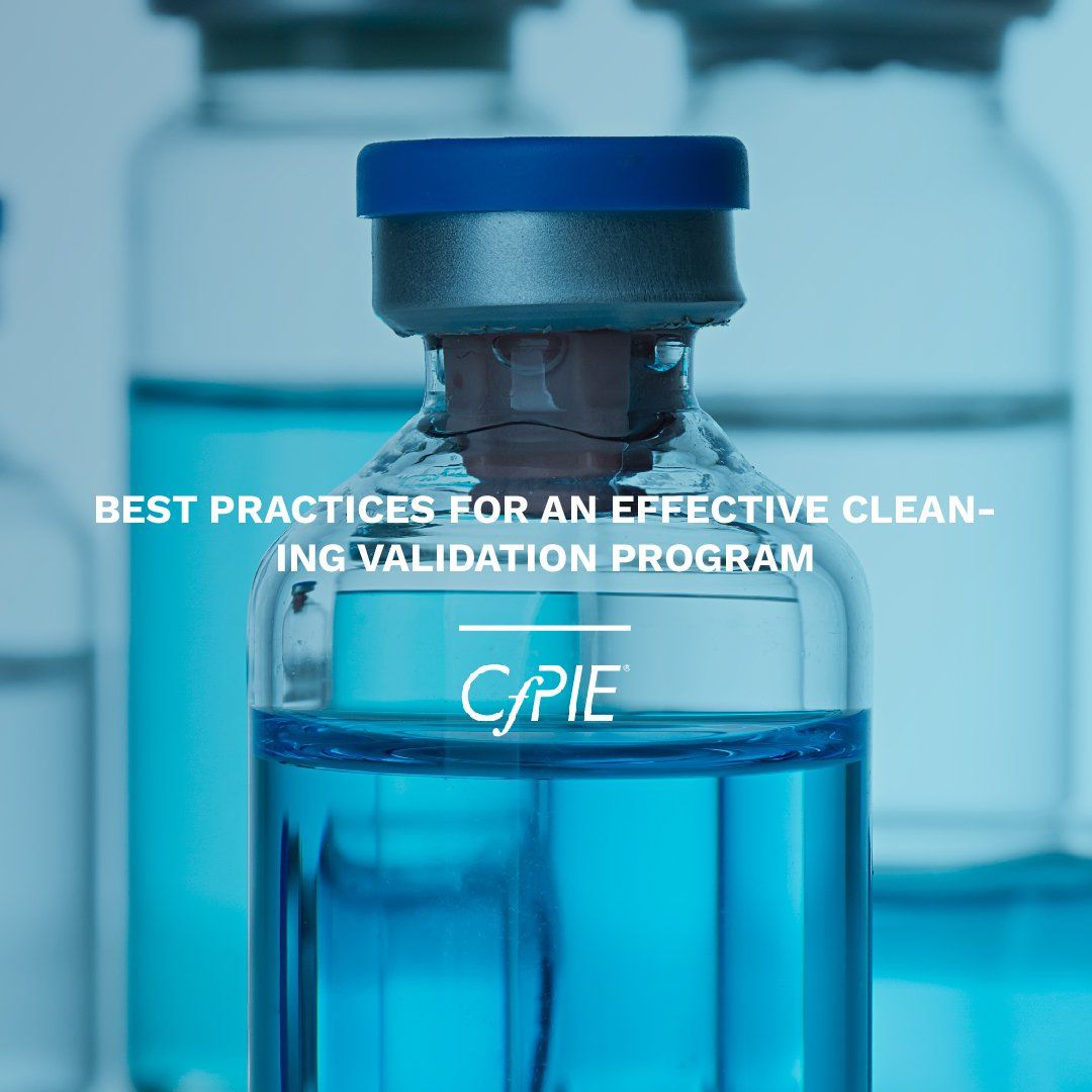 A bottle of blue liquid with the words best practices for an effective clean ing validation program