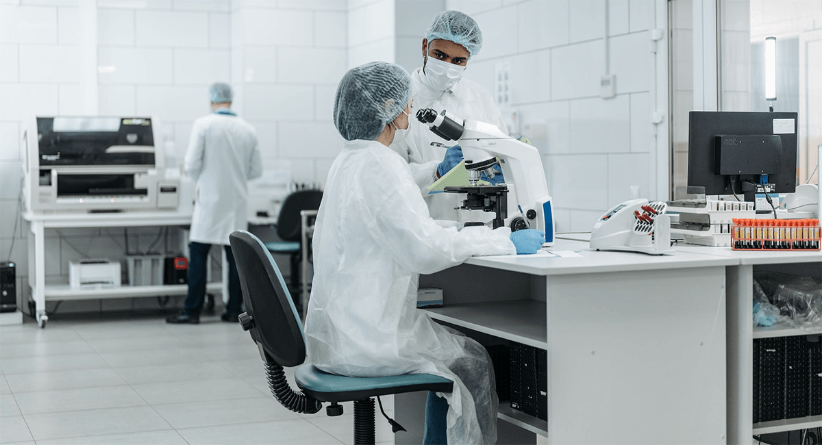 Two scientists are working in a laboratory looking through a microscope.