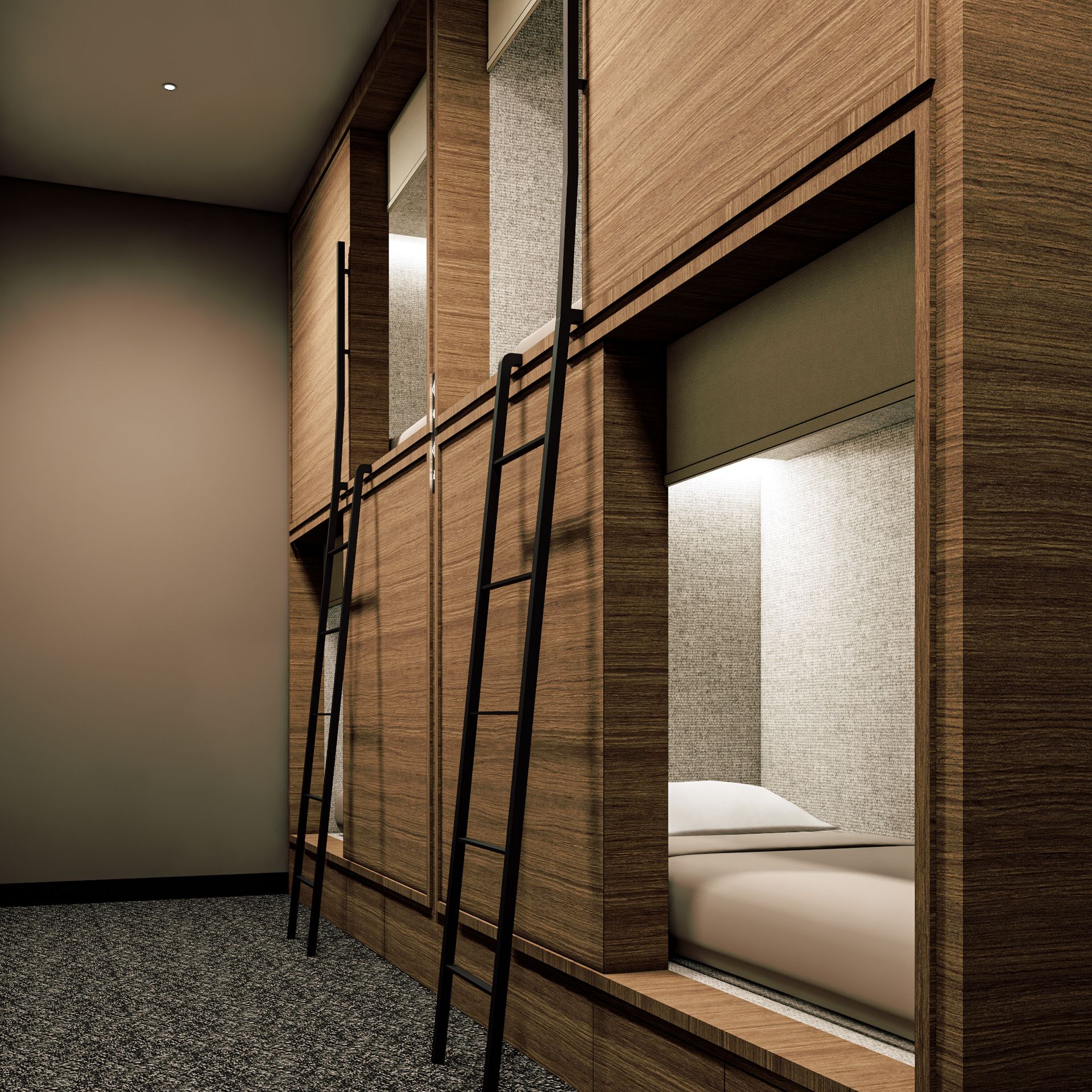 A cosy, modern sleeping nook with single-sized bed dressed in 400 thread-count sateen cotton linens.