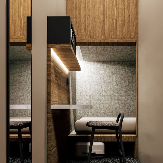 Your own lockable pod room. Compact, private, comfortable.
A plush single bed with 400 thread-count sateen linens awaits.