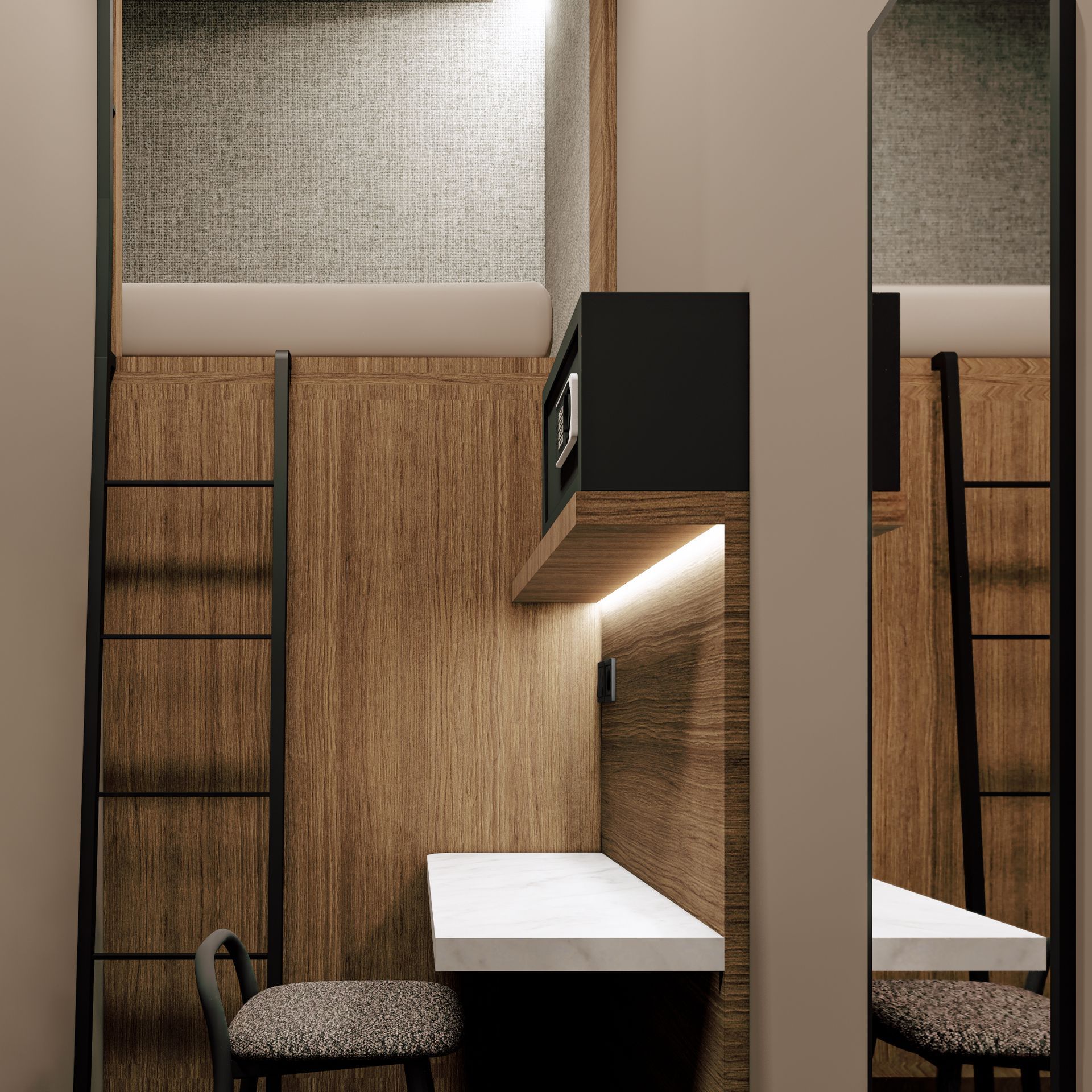 A wooden bunk bed unit with two levels and two side-by-side sleeping pods, each featuring neutral-toned privacy blinds.