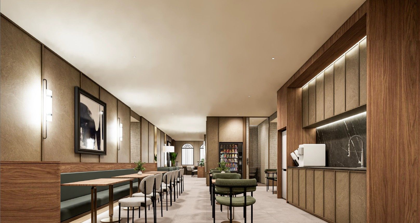 A modern hotel lobby with a dark marble reception desk, beige coffered ceiling, and warm accent lighting.