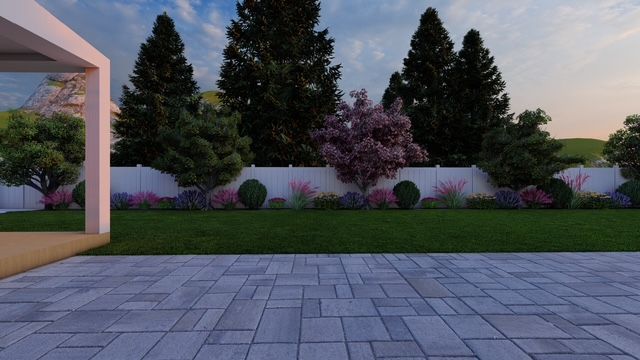 A stone wall with stairs and a pergola in the background.