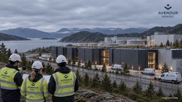 AI-generated illustration of a Nordic data center facility beside a fjord, with Avendur Nordic perso