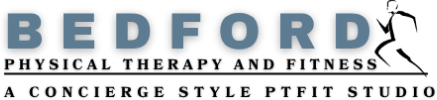 Logo for Bedford Physical Therapy and Fitness. Grey text with running figure.