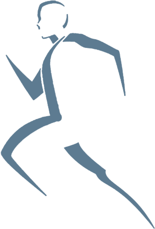 Runner in mid-stride, stylized blue figure against white background.