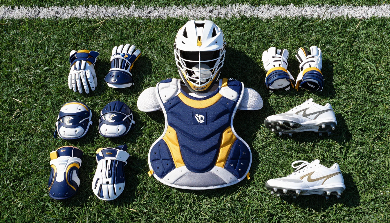 Full set of lacrosse equipment for beginners on a field