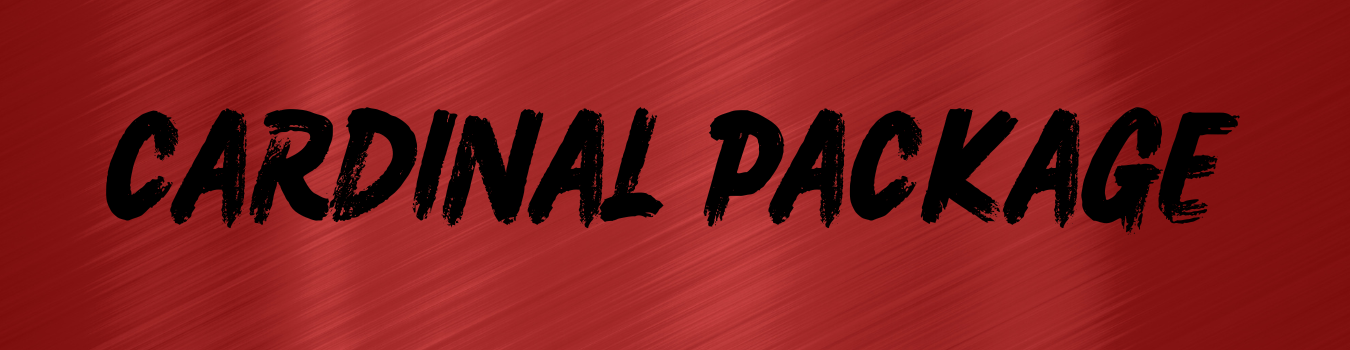 Black brush-style text reading “CARDINAL PACKAGE” on a red-to-black textured background